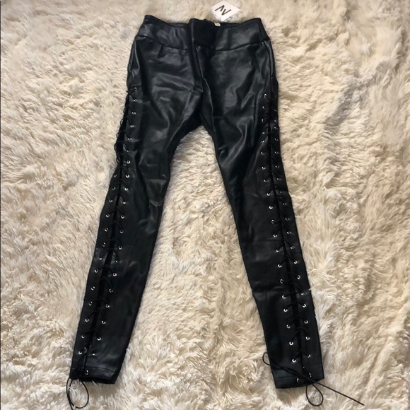 black leather tie up pants